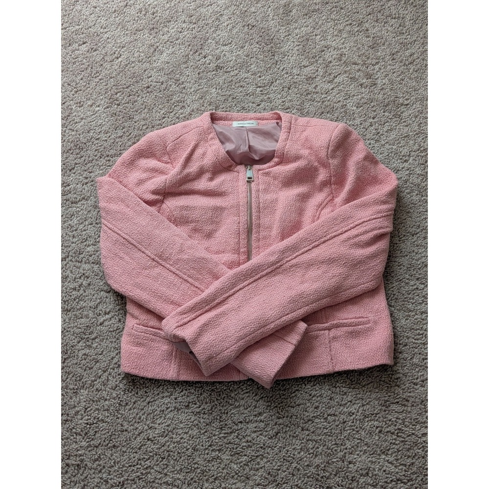 Rebecca Taylor Collarless Full Zip Jacket Womens 8 Woven Tweed Cropped Pockets